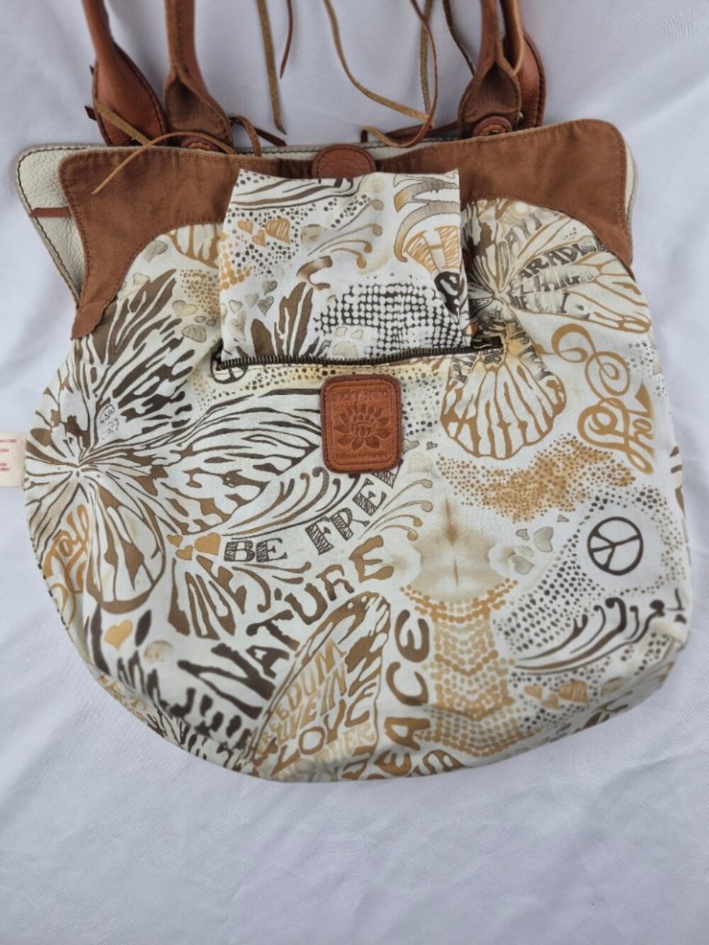 Lucky Brand Cream Pebble Leather Hobo Slouchy Y2K Fringe Tassel Whip Stitch Bag - Picture 6 of 16